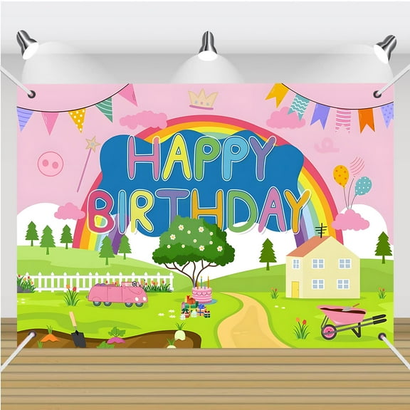 Cute Pig Happy Birthday Backdrop, Colorful Cartoon Pattern Background, Pink Pig Theme Banner for Birthday Party Decorations 59 * 39 Inch