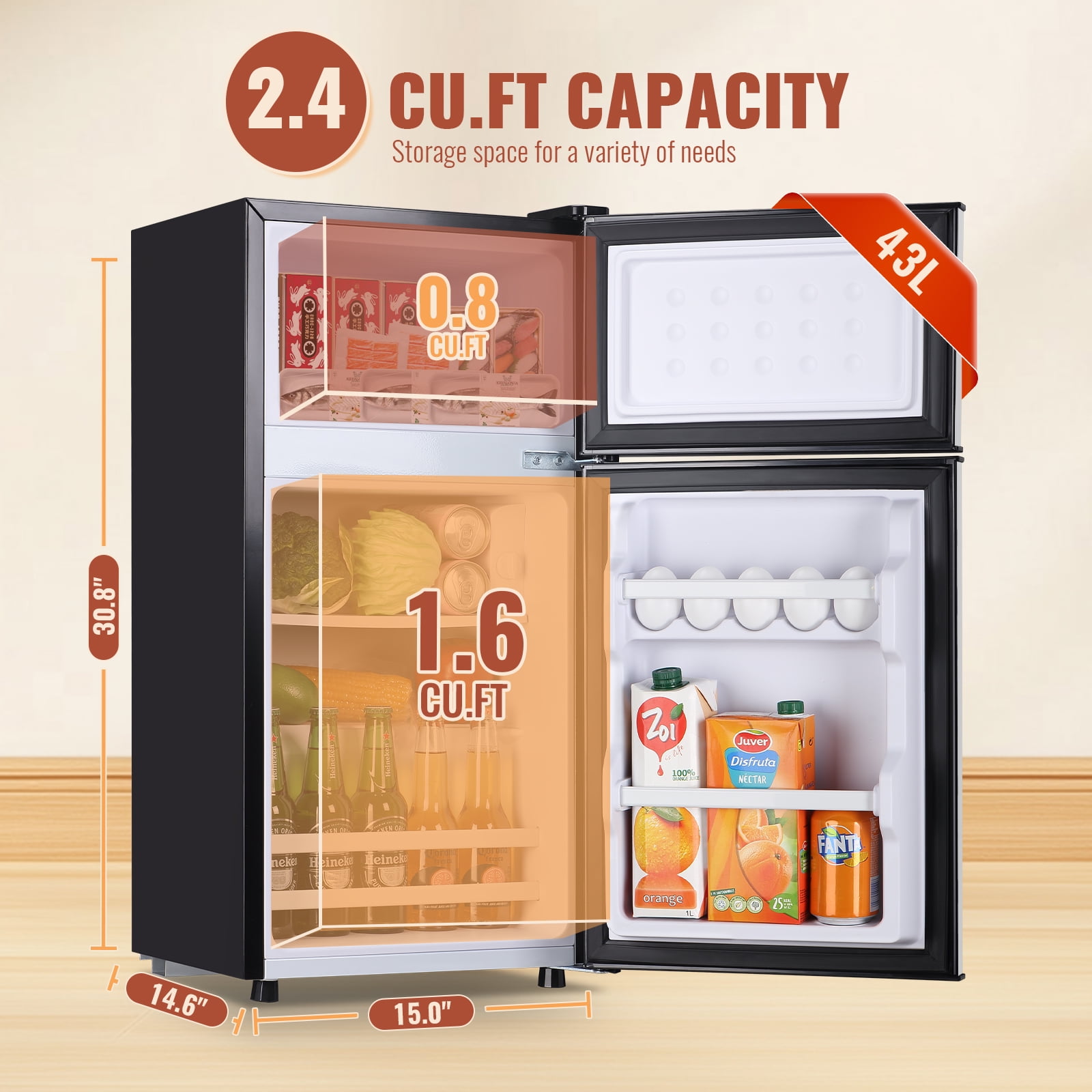 DEMULLER 2.4 Cu.ft Mini Fridge Small Refrigerator with Freezer Removable Shelves Two Door Silver New