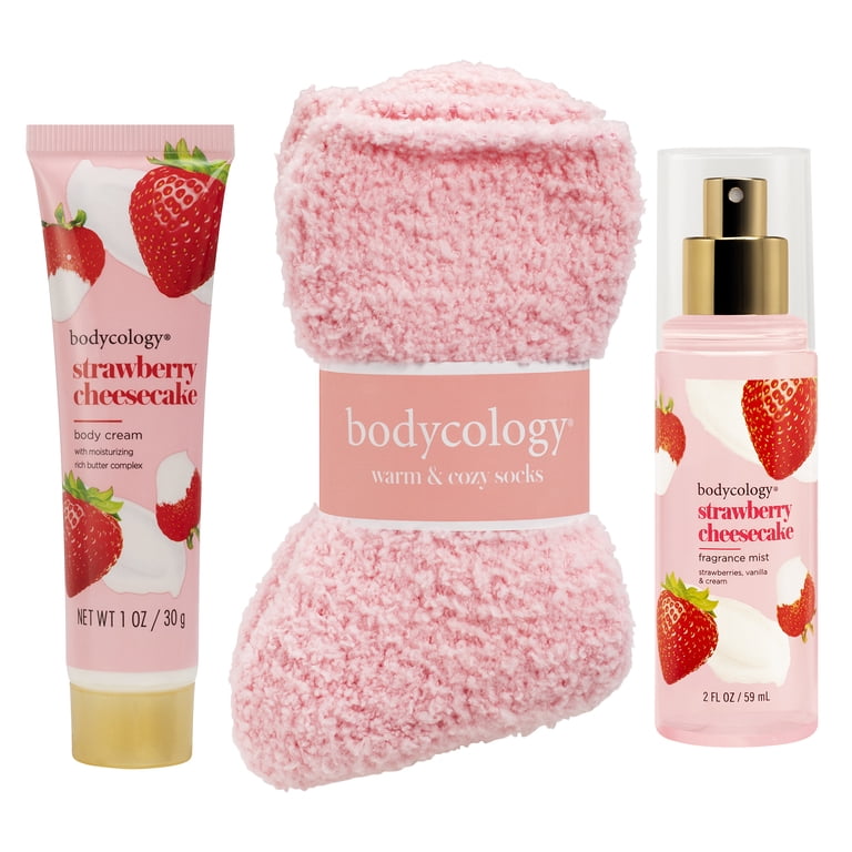 Bodycology Strawberry Cheesecake Body Care & Cozy Sock Gift Set, 3