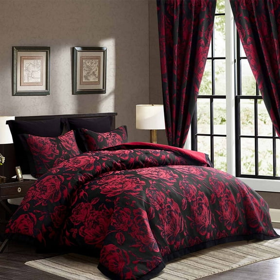 HIG 7-Piece Queen Comforter Set with Matching Curtains - Burgundy Flower Patchwork Bed in a Bag Bedding Set