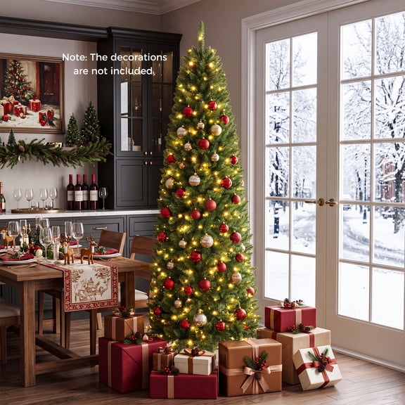 Gymax 7 FT Pre-Lit Artificial Christmas Tree Realistic Slim Pencil Xmas Tree with 995 Dense Branch Tip