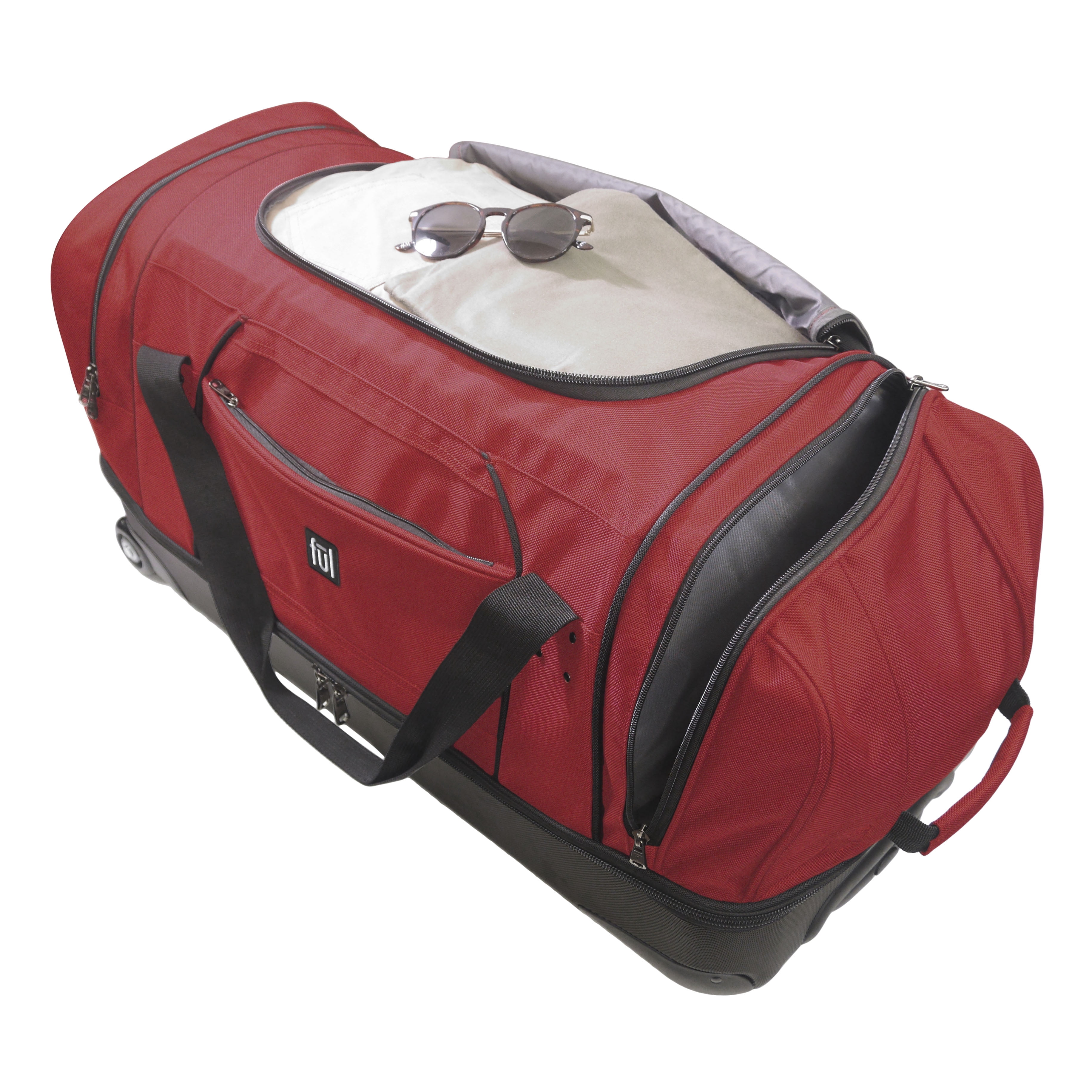 FUL Workhorse 30-Inch Rolling Duffel Bag, Split-Level Travel Luggage with Hardshell Base and Wheels, Dark Red