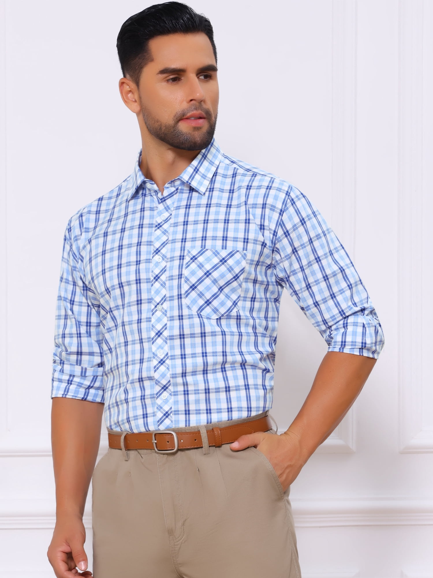 DARING DIVA Men's Long Sleeve Checked Shirt Point Collar Button Plaid Shirt XL White Blue