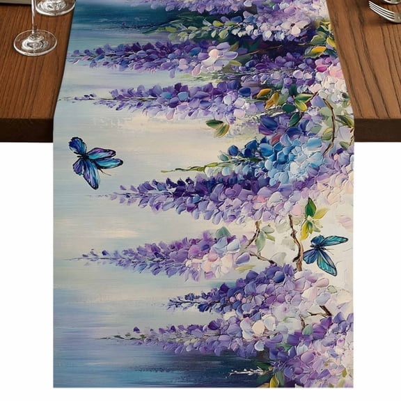 Purple Lavender 72 Inch Table Runner, Butterfly Flower Abstract Brush Artwork Farmhouse Dresser Scarf Cotton & Linen Tablerunner for Dining/Kitchen Island/Holiday Party Décor 13" x 72"