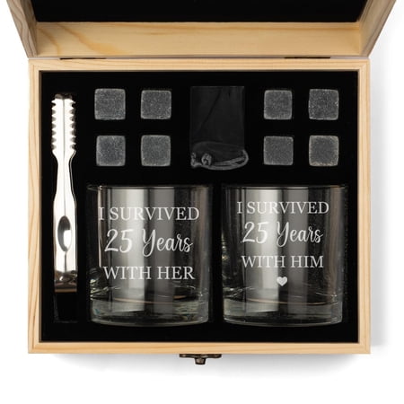Whiskey Glass Gift Box Set with Whiskey Stones and 2 Rocks Glasses Set of 2 I Survived 25 Years 25th Anniversary