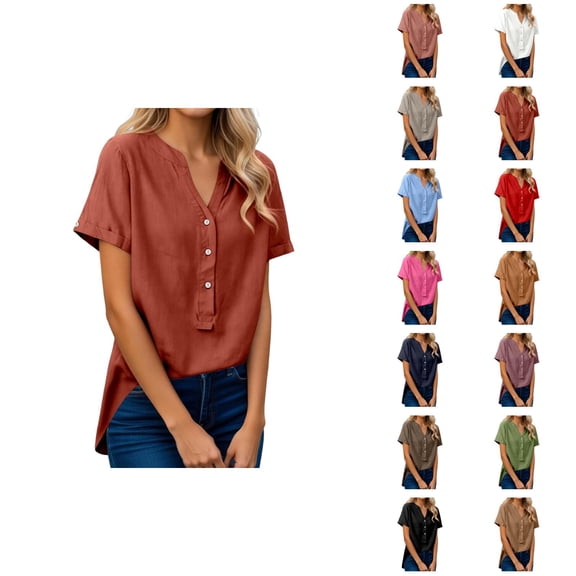 T Shirts for Women 2026 Summer Linen Lightweight Short Sleeve V Neck Loose Business Casual Office Work Tshirt Blouse