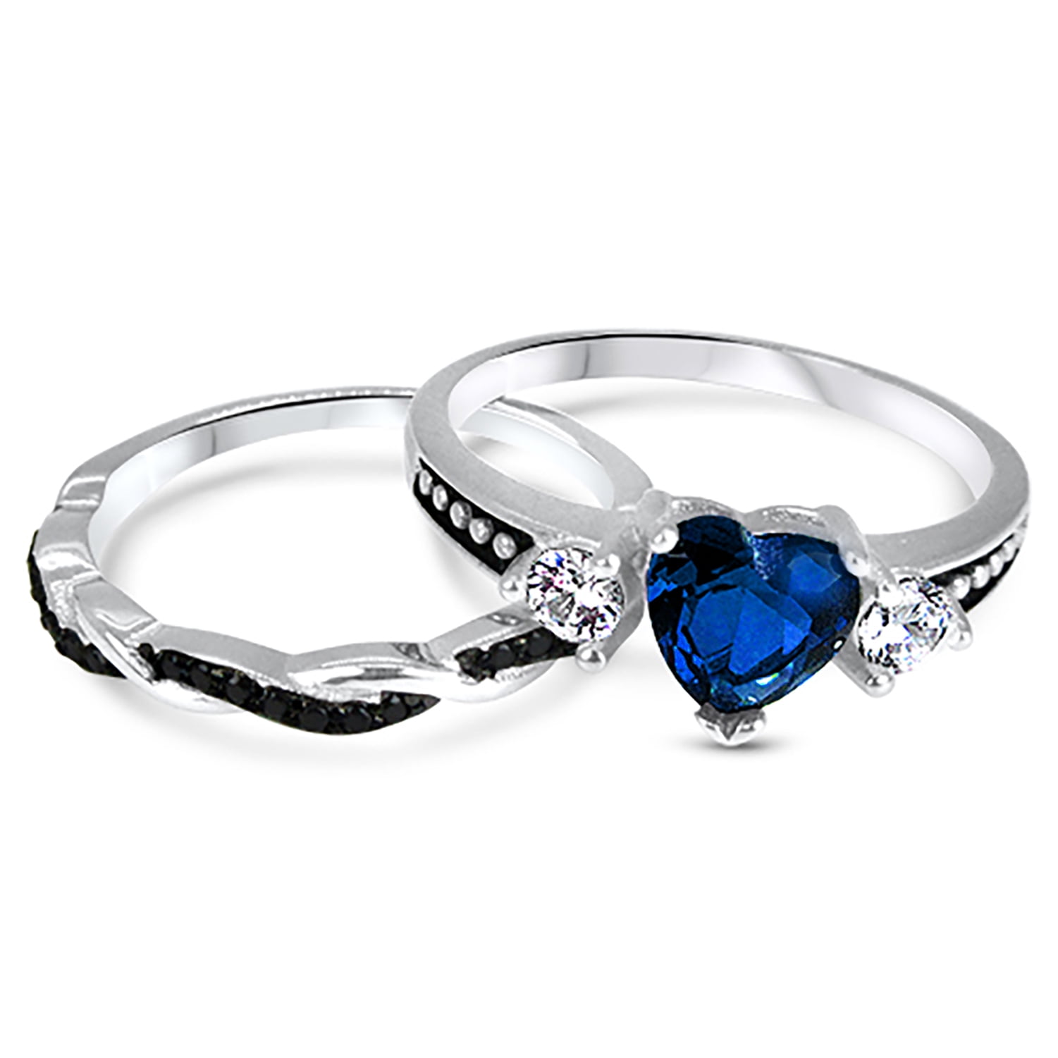 LaRaso & Co 1 Carat Heart Cut Blue Sapphire CZ Wedding Engagement Ring Set for Women Size 5