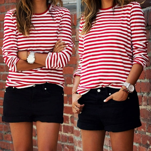 HIRIGIN Casual Women Red White Striped Long Sleeve T Shirt Cotton Loose  Shirt Female Basic O-Neck Tops Tee Autumn pullovers