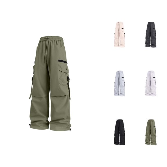 Baggy Cargo Pants for Men Elastic Waist Drawstring Loose Fit Straight Leg Casual Active Pants with Pockets Trousers