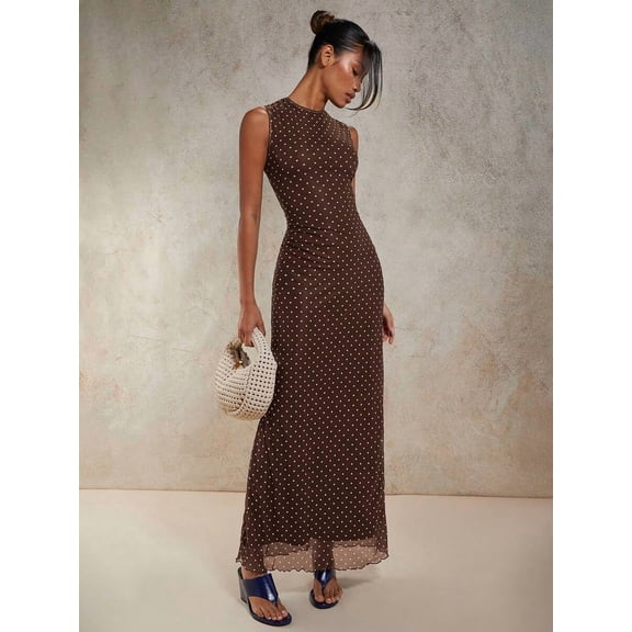 Women's Polka Dot Print Round Neck Fitted Sleeveless Maxi Dress - Brown Elegant Long Dress