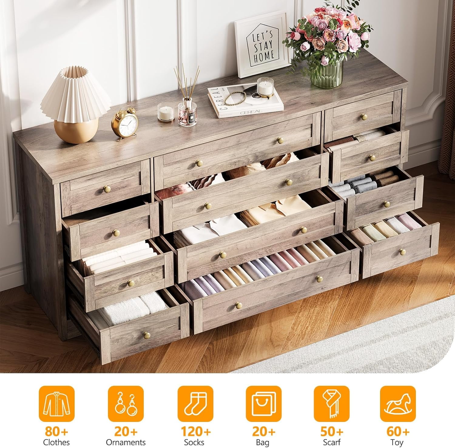 Twister.CK 12-Drawer Wooden Dresser, Modern Chest of Drawers & TV Stand for 65-Inch TV, Bedroom, Closet, Living Room, Hallway, Gray