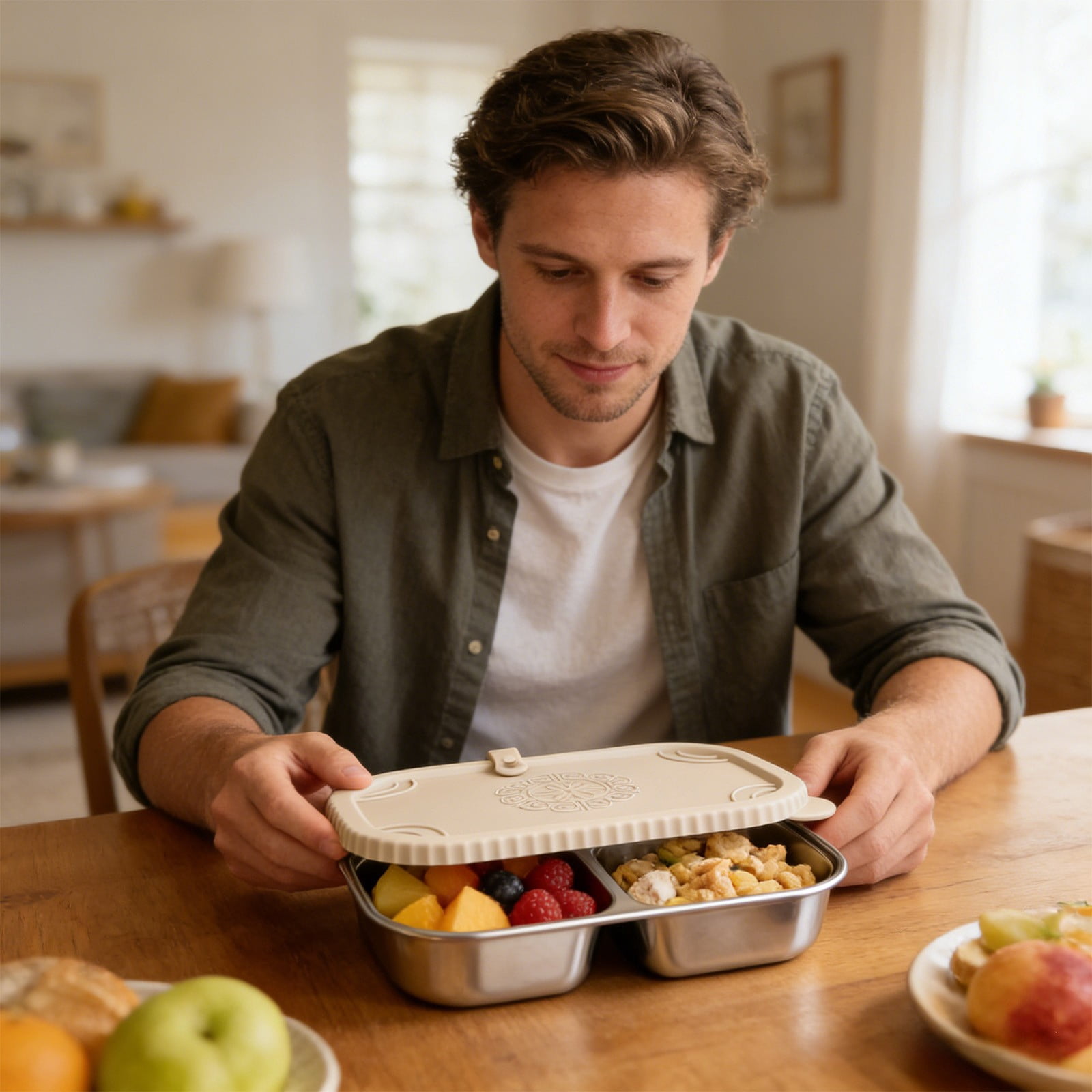 Xheghe Stainless Steel Bento Box with Silicone Lid - Leak-Proof, Two-Compartment Design for Travel, Office, or Picnic Lunches
