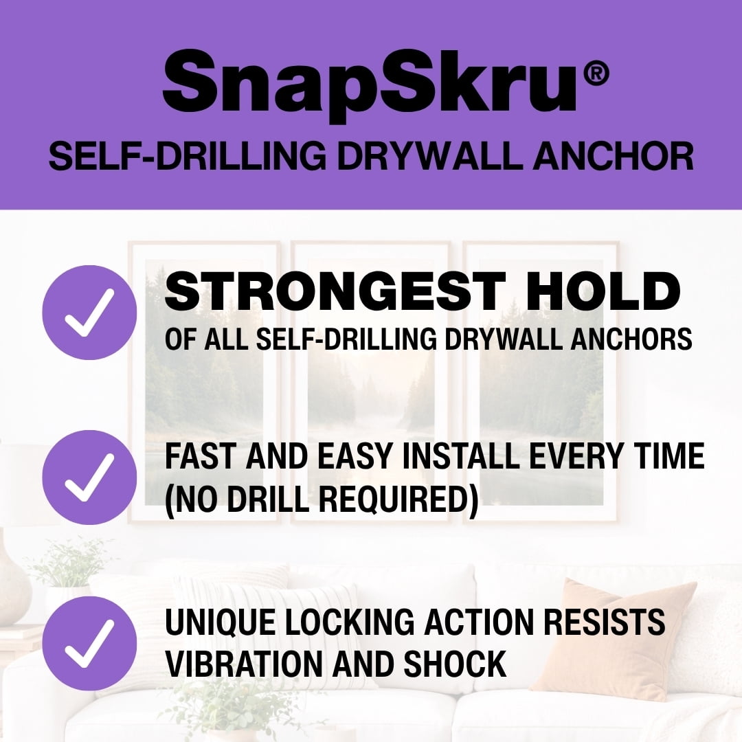 TOGGLER SnapSkru SP Self Drilling Drywall Anchors, Heavy Duty Anchors for Hollow Walls, Glass Filled Nylon, Fits #6–#10 Screws, Holds 79 lb in 1/2" drywall (Pack of 50 with Screws)