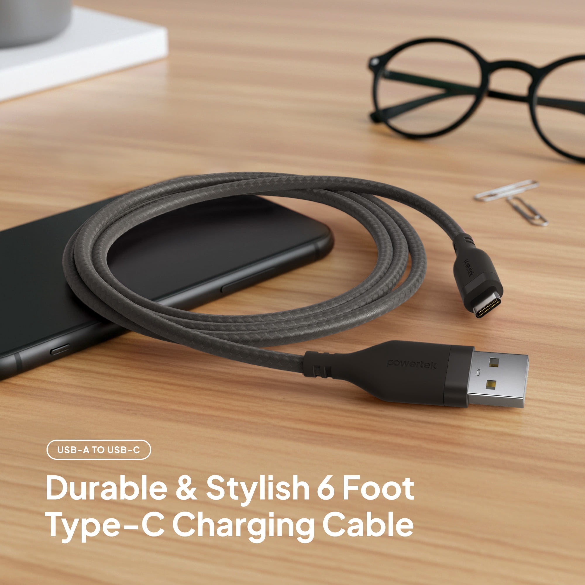 Powertek USB-A to USB-C (Type-C) Charging Cable, Carbon Design Texture, 6 ft, Grey