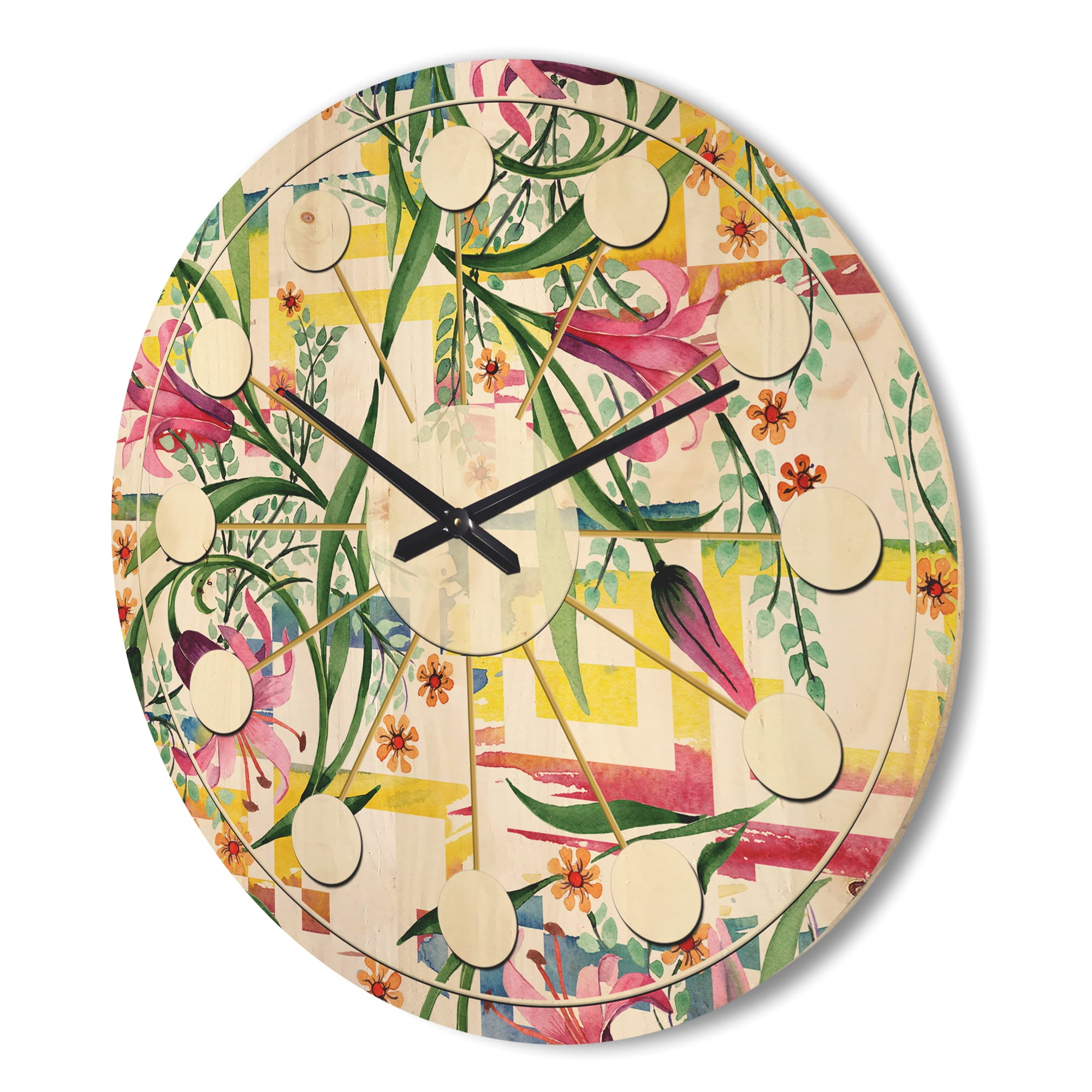 Designart 'Botanical Floral Retro XI' Mid-Century Modern Wood Wall Clock
