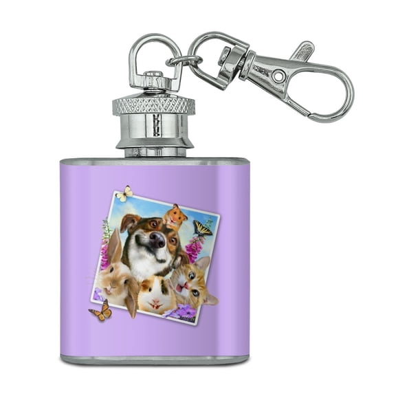 Pets Selfie Picture Dog Cat Guinea Pig Rabbit Stainless Steel 1oz Mini Flask Key Chain