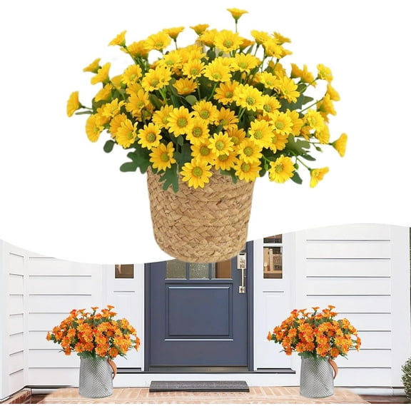 Funsdecor Artificial Outdoor Sunset Mums Flowers - UV Resistant, Waterproof, Windproof, No Fade, Artificial Mums Fall for Fall Porch Decor Thanksgiving Decorations for Home(5Pcs,Yellow)