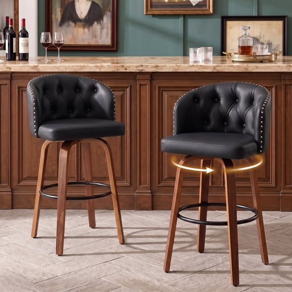 MuroPanel Swivel Counter Height Bar Stools with Back Set of 2, 26" Farmhouse Leather Chairs for Kitchen Island, Black