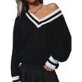 thumbnail image 3 of Women'S Casual V Neck Long Sleeve Sweater Trendy Striped Pullover Cable Knit Preppy Sweaters, 3 of 10