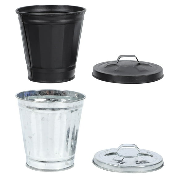 ifundom Black Galvanized Iron Mini Trash Bin with Lid, Lightweight Portable Home Storage Container, 2 Pieces