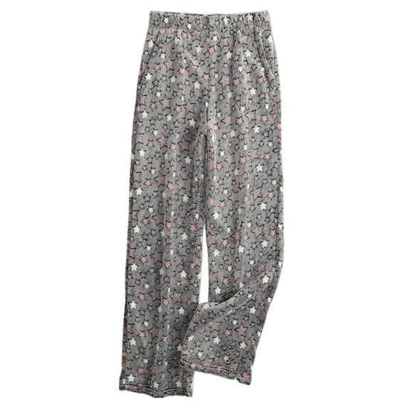 Women's Star Print Plush Pajama Pants, Elastic Waist with 2 Pockets, Dark Gray, Size L