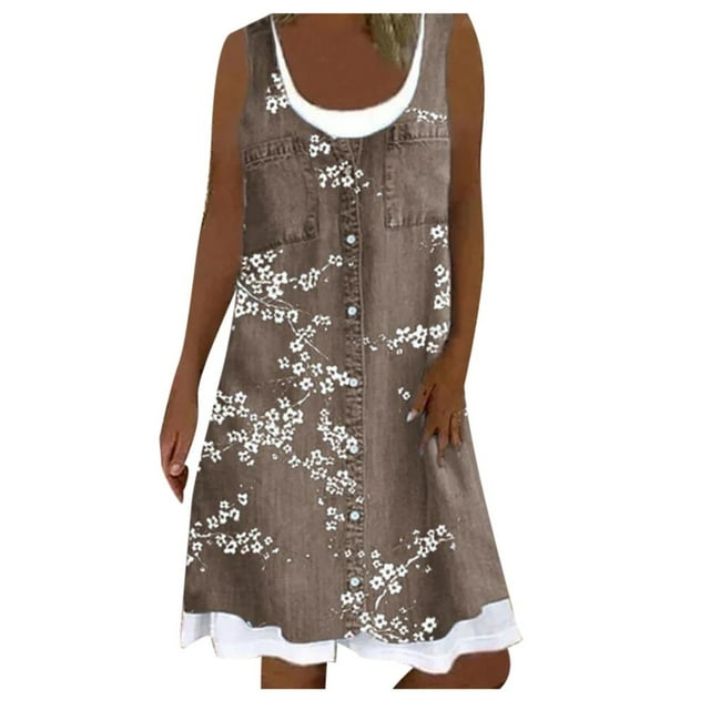 CHUANK Robes d'Été pour Femmes Grande Taille Robes d'Été Grande Taille pour Femmes Plage Col en U Sans Manches Faux Deux Pièces Robe T-Shirt de Fête Midi Robe Ample