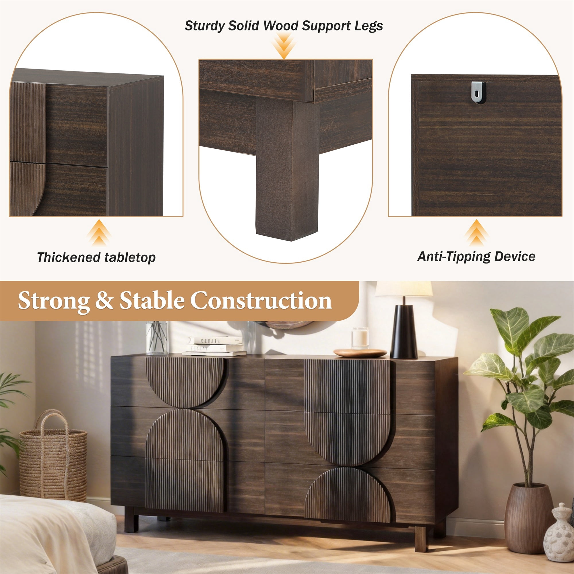 Alvantor 6 Drawer Dresser, 60" Wide Wooden Chest of Drawers, Fluted Dresser for Bedroom,Living Room, Hallway Dark Brown