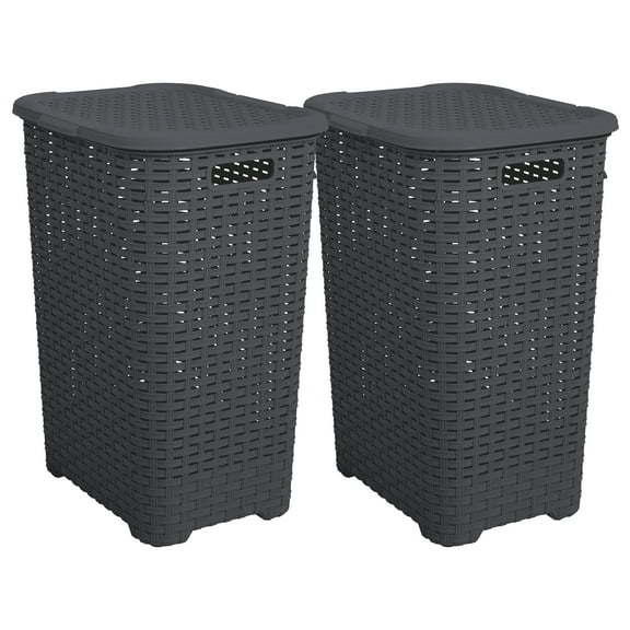 Superio 60L Large Wicker Plastic Laundry Hamper with Lid Grey 2 Pack