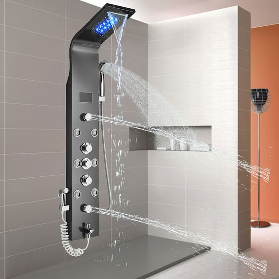 Shower Panel Tower System LED Black Multi-function Shower with Waterfall Shower Rainfall Shower Hand Shower Bathtub Spout And Jet Massage Spray Gun for Bathroom Wall Mounted