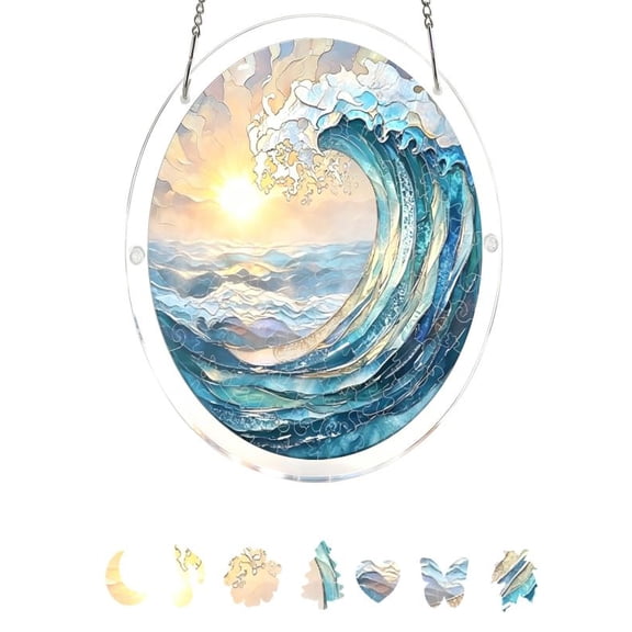 Acrylic Suncatcher Puzzle, Sea Stained Glass Window Hanging,Ocean Blue Waves Suncatcher for Window Hanging,Coastal Suncatcher, DIY Suncatcher Kits