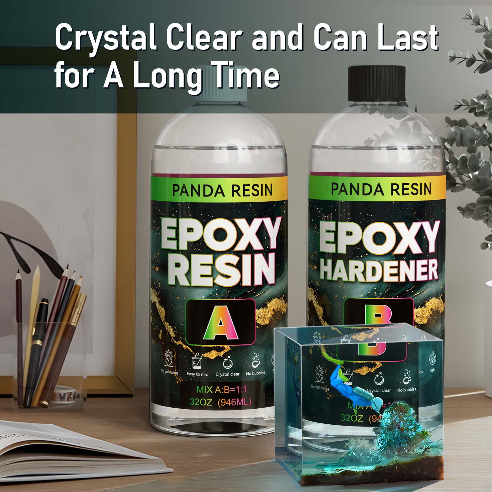 Panda Resin 1 Gallon Crystal Clear Epoxy Resin Kit – Food Safe, High Gloss, Bubble-Free, Non-Yellowing Formula for Art, Crafts, Jewelry & Casting