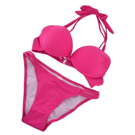 Pink Bathing Suit - Summer Padded Support Bra Tankinis Bikini Set Back Halter Bathing Suit