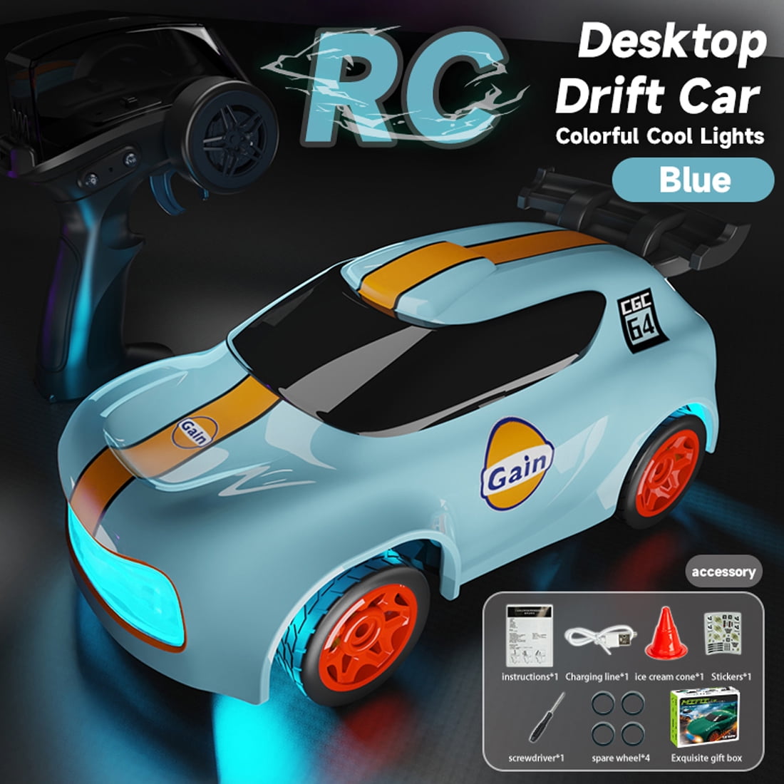 1:64 Mini RC Drift Car with LED Light, 4WD High-Speed Remote Control Car Model, 2.4GHz Full Proportional Desktop Racing Vehicle Toy Gift for Enthusiasts