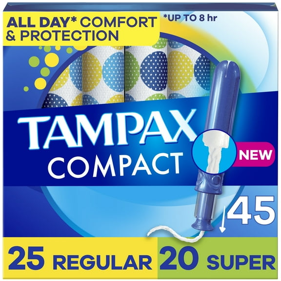 Tampax Compact Pearl Tampons Multipack, with LeakGuard Braid & Extendable Applicator, Regular/Super Absorbency, Compact Extendable Applicator, Unscented, 45 Count