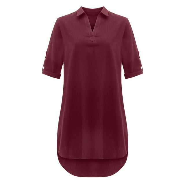 AherBiu Robes à Manches 3/4 pour Femmes Col en V à Revers Haut-Bas Été Décontracté Basique Chemise Robe Courte