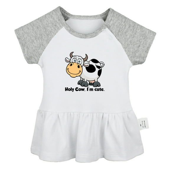 Holy Cow I'm Cute Funny Dresses For Baby, Newborn Babies Animal Cow Pattern Skirts, Infant Princess Dress, 0-24M Kids Graphic Clothes (Gray Raglan Dresses, 0-6 Months)