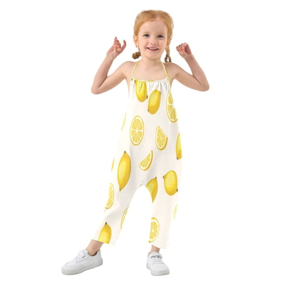Girls' Jumpsuits Rompers Summer Casual Sleeveless Rompers With Pockets Spaghetti Strap Romper Yellow Lemon Pattern 1T