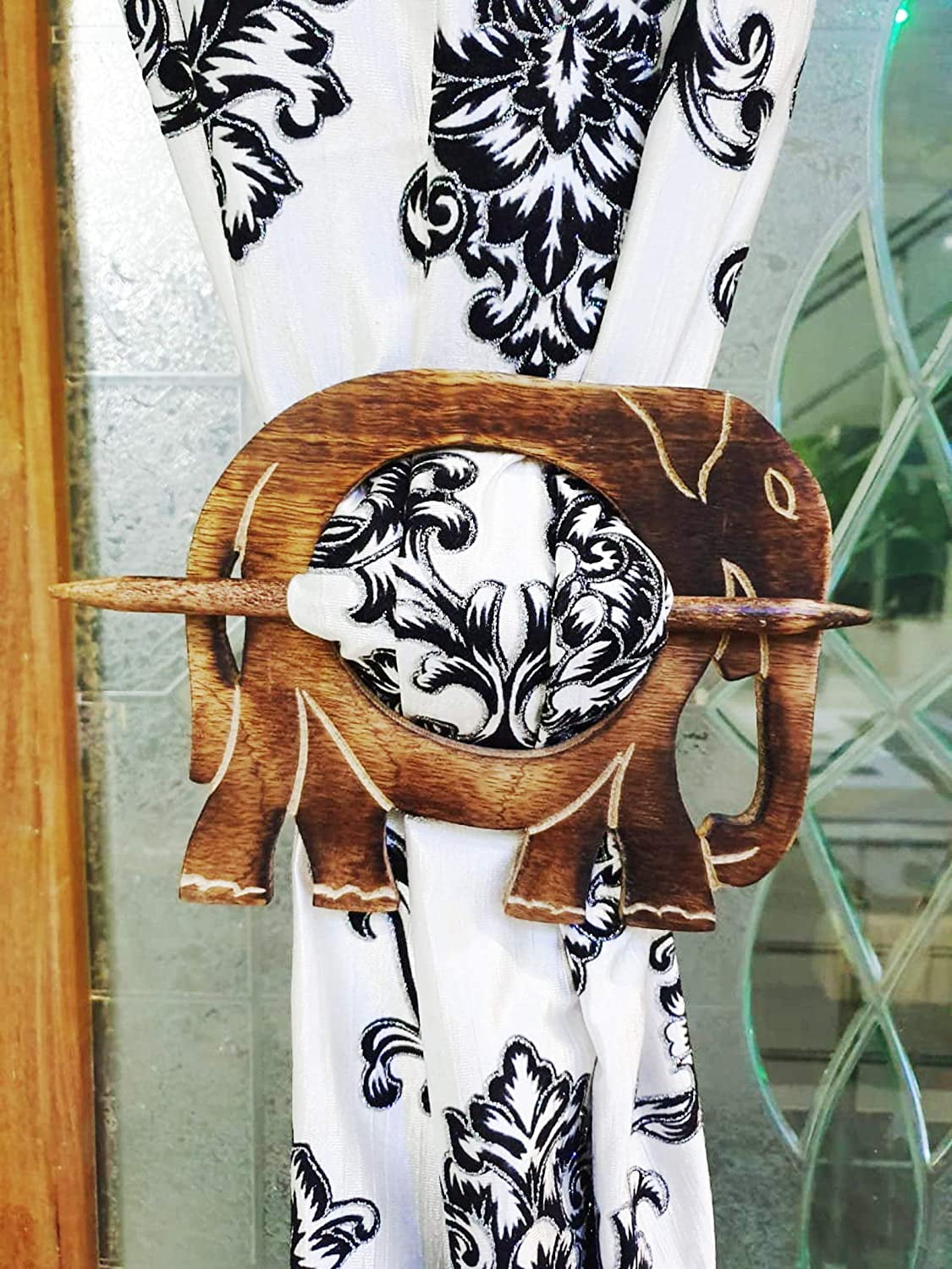 NauticalMart wooden elephant curtain tie backs drapery holdbacks rustic set of two