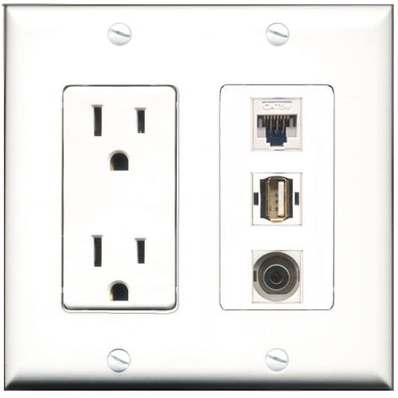RiteAV - 15 Amp Power Outlet 1 Port USB A-A 1 Port 3.5mm 1 Port Cat5e Ethernet White Decorative Wall Plate