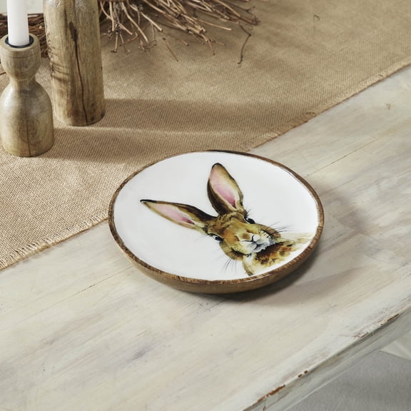 VHC Brands Bunny Hop Wooden Plate White w/Bunny 8.5x8.5, Spring Decorations, Home and Table Decor, Spring and Easter Figurines