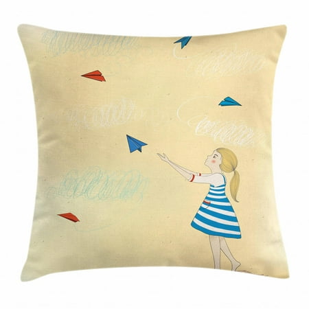 Nursery Airplane Throw Pillow Cushion Cover, Little Girl Launches Paper Planes to Air Childhood Dreams of Flying Theme, Decorative Square Accent Pillow Case, 24 X 24 Inches, Multicolor, by (Best Way To Throw A Paper Airplane)