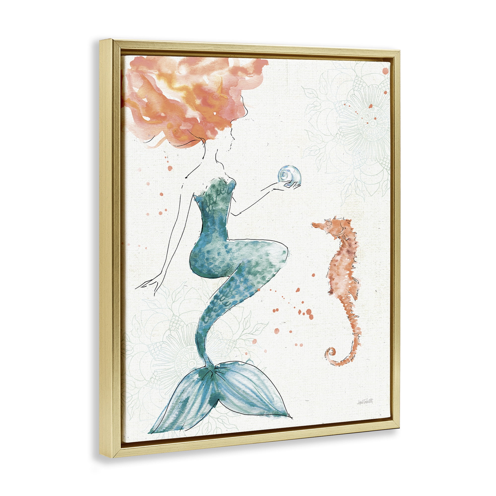 Stupell Industries Mermaid and Ocean Seahorse Graphic Art Metallic Gold Floating Framed Canvas Print Wall Art, Design by Anne Tavoletti