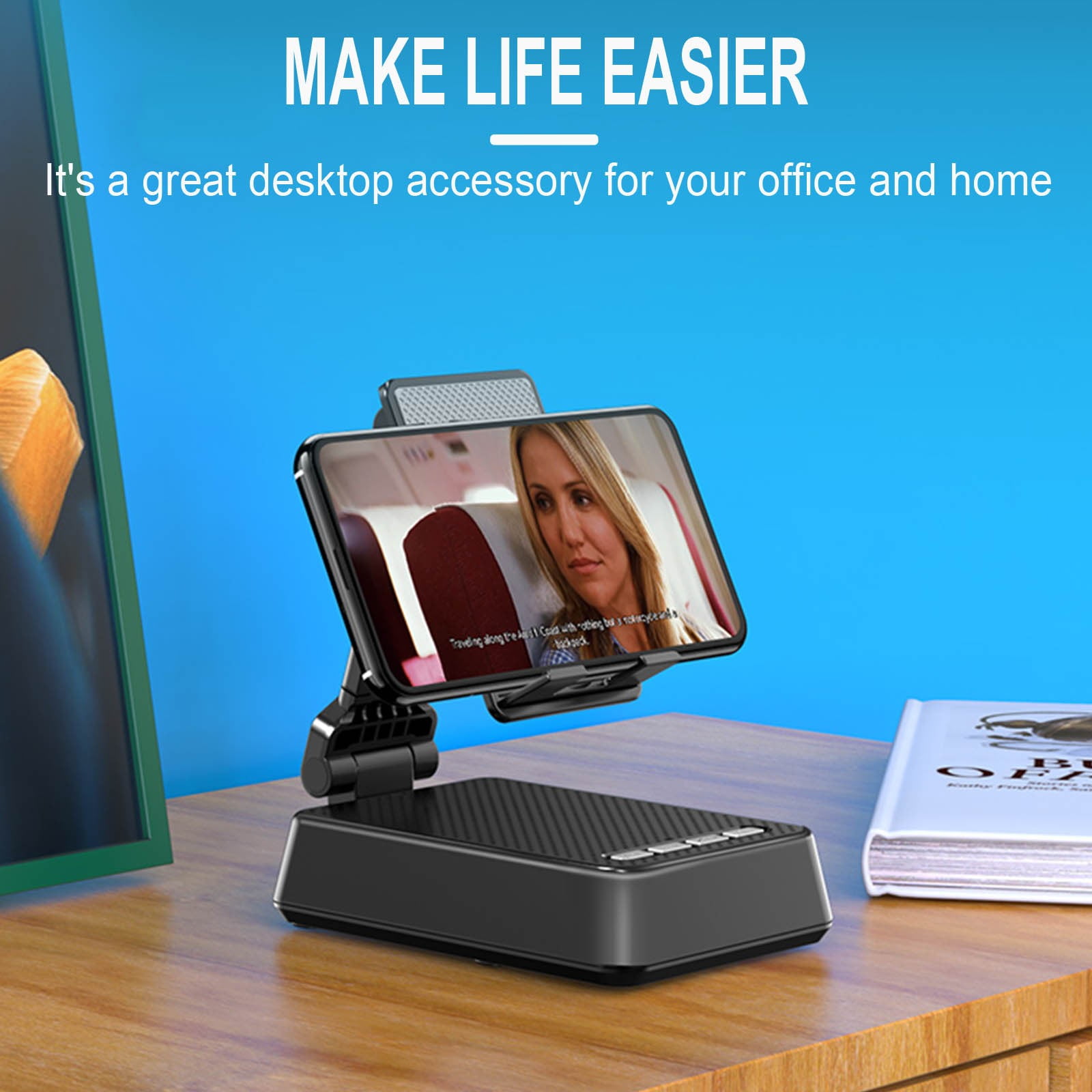 Foldable Black Cellphone Stand with Bluetooth Speaker, Great Desktop Accessories for Office and Home, Play time up to 8 Hours, Practical Gifts for Men, Women, Dad, Mom