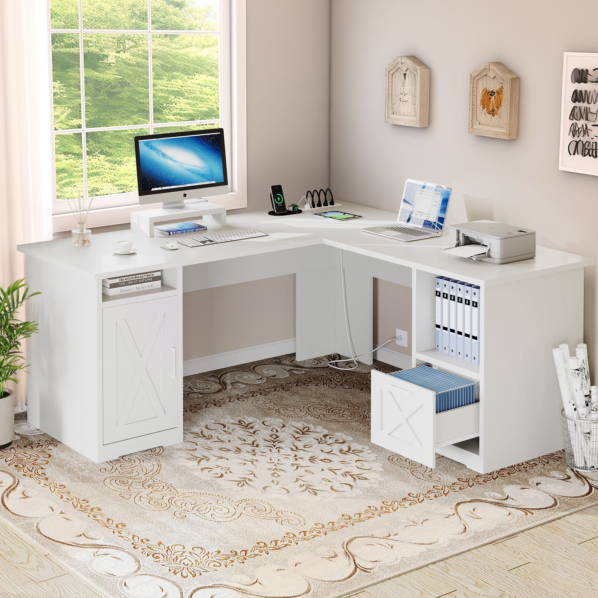 DWVO 59 Inch L-Shaped Desk with Power Outlet & USB Ports, Office Desk with File Cabinets, Large Computer Desk with Drawers, 2 Person Corner Desk Writing Desk with Storage Shelves, White