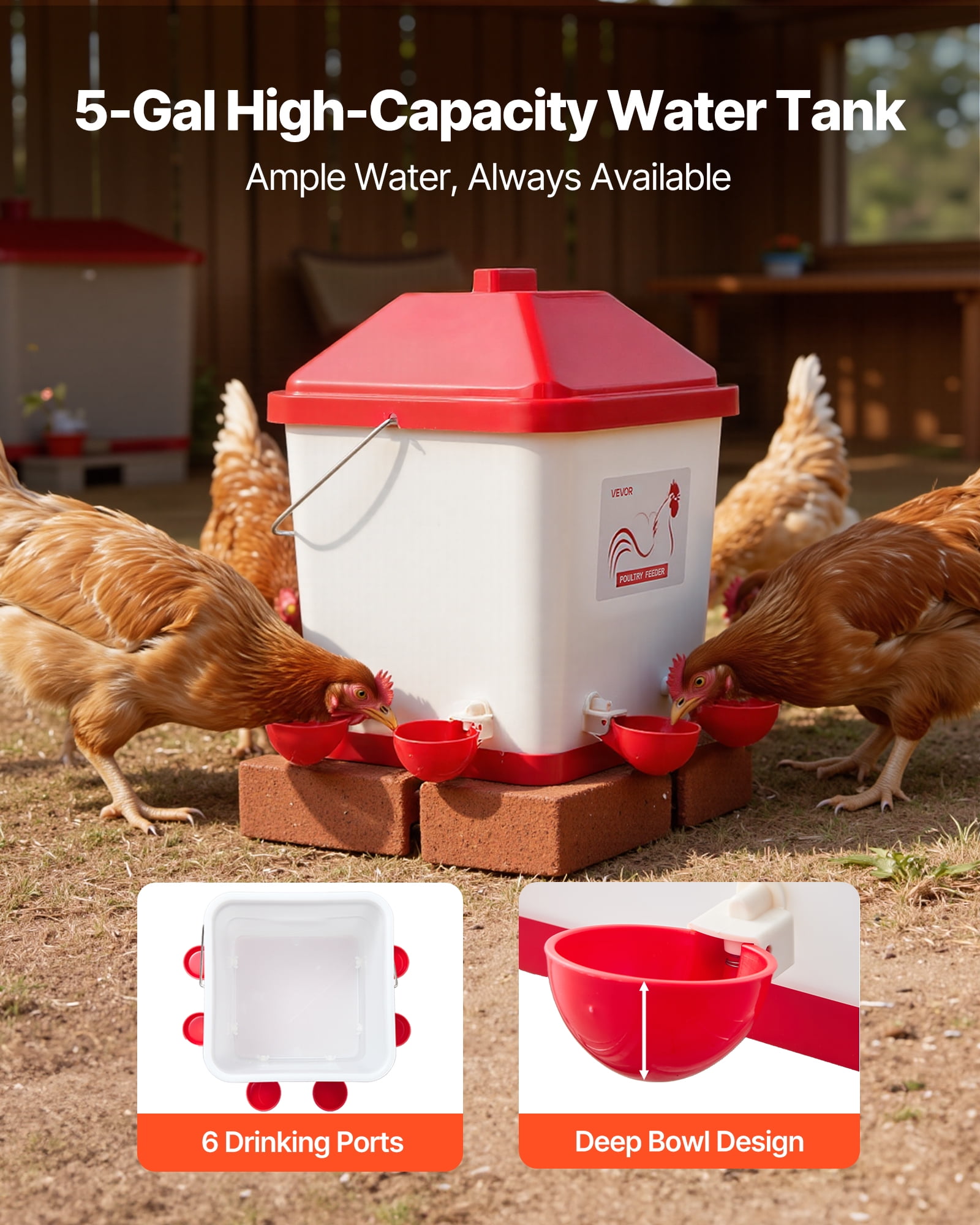 VEVOR 5 Gallon Automatic Chicken Waterer, 6 Water Ports, Automatic-Fill Water Cup, Automatic Gravity Waterer with Handle & Sealed Rubber Ring, Waterproof PP Material, No Waste Design, for Chicken