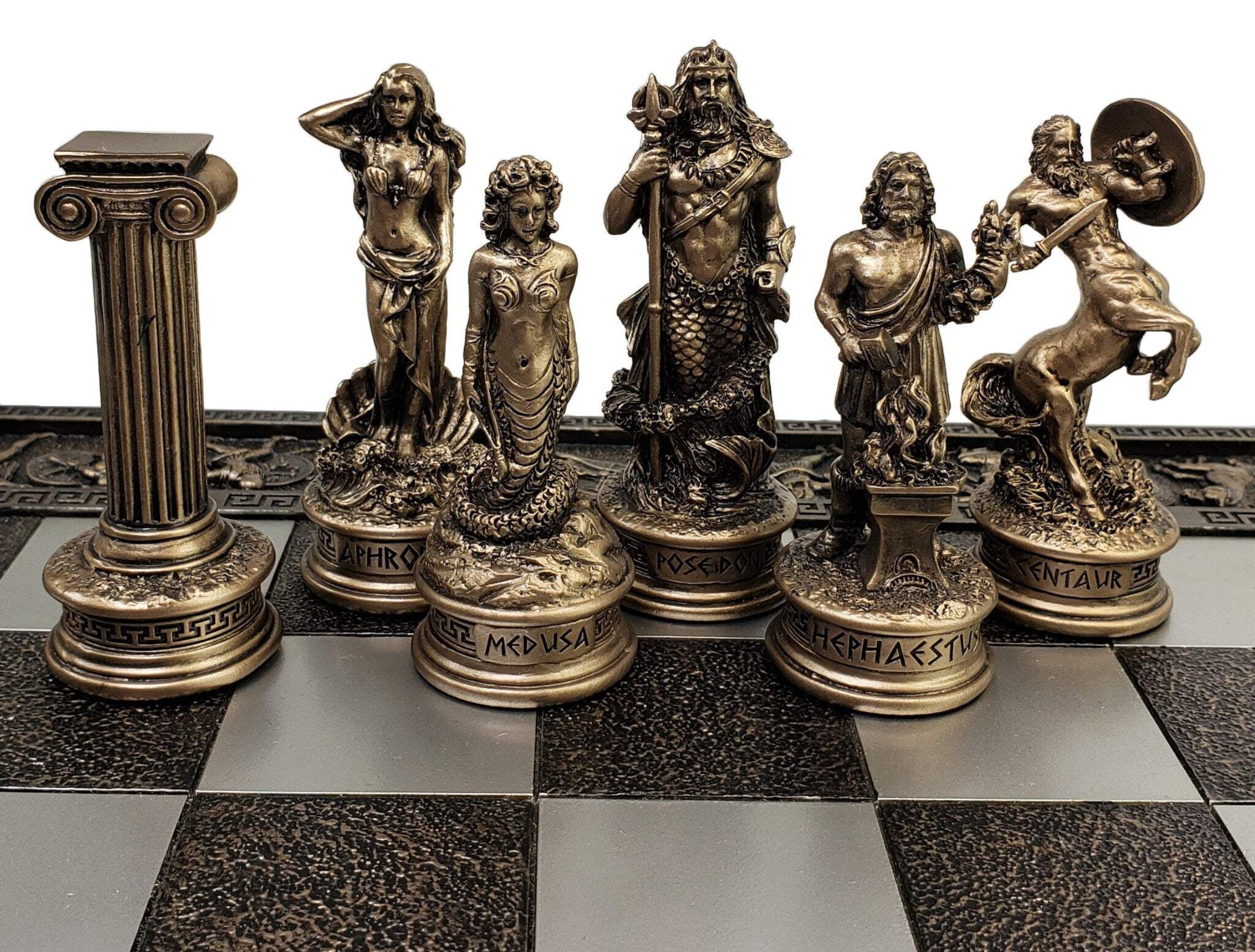Greek Mythology Olympus Gods Chess Set Pewter  Bronze Color W 17" Greek Board