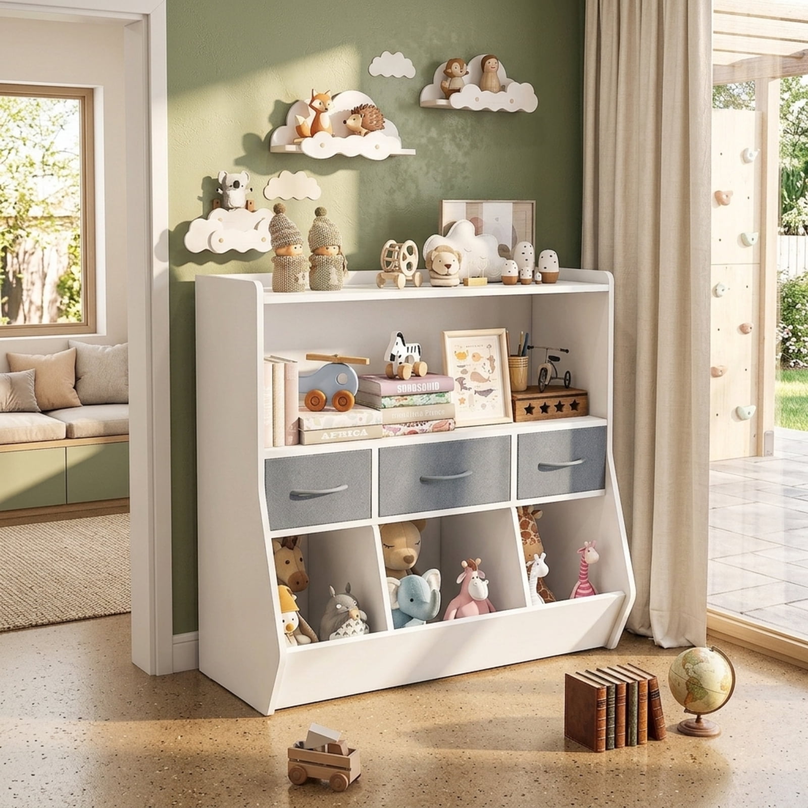 Fenbeli Kids Bookshelf and Toy Storage Organizer, White MDF Bookcase with 3 Removable Fabric Bins Open Compartments and Rounded Edges, for Nursery Bedroom and Playroom