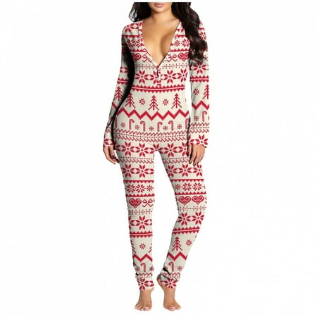 

PEONAVET Onesie Pajamas for Women Sexy V Neck Butt Button Flap Jumpsuit Christmas Printed Jumpsuits Long Sleeve Button Onesies Pajama Club Rompers Sleepwear Gifts for Women