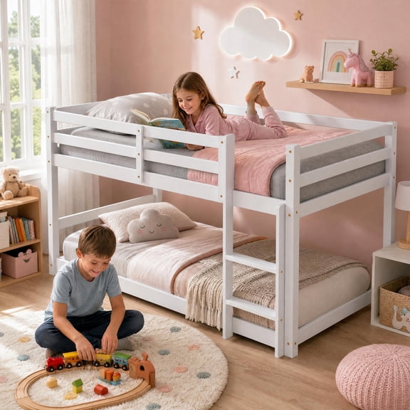 Twin over Twin Bunk Bed for Kids, Sesslife Low Floor Wood Bunk Bed with Guardrails and Ladder, Space-Saving Children’s Bed Frame, White