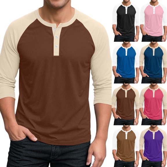 Mens Henley Shirts Casual 3/4 Sleeve Raglan Tees Workout T-Shirts | Baseball Tshirts, Henley Tops, Color Block, Lightweight, Classic, Workout,Vacations, Gym Brown M